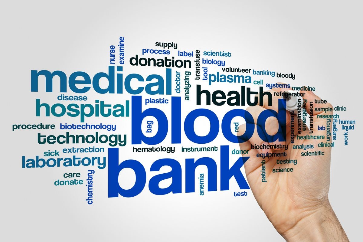 Blood bank word cloud concept on grey background.